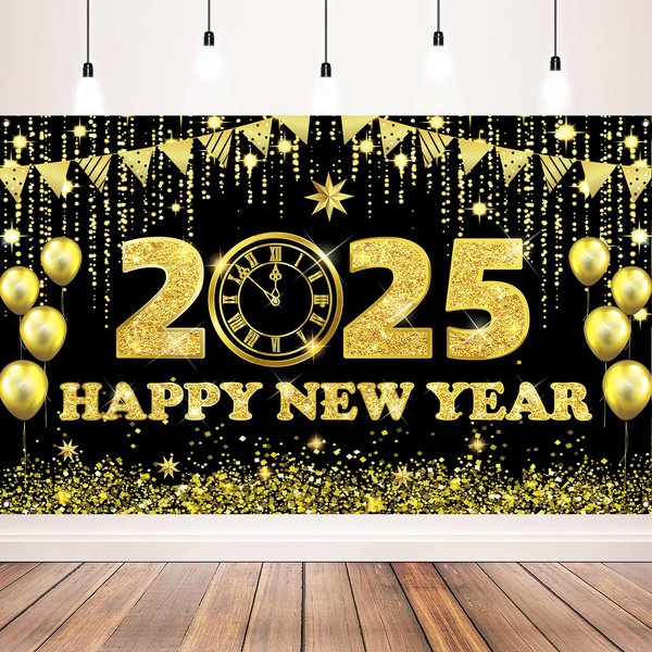 2025 Happy New Year Backdrop New Years Eve Decorations Black Gold New Years Banner for NYE Party Decoration Supplies, 71x43 inch