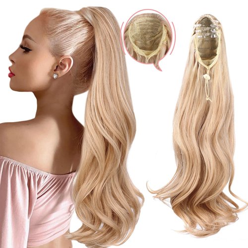 YIBANG Ponytail Extensions 20 Inch Long Curly Wavy Ponytail Extension Claw Jaw Clip in Blonde Highlights Wave Ponytail Drawstring Hairpiece Synthetic Body Curled Pony Tail for Women Girls(5.82OZ)…