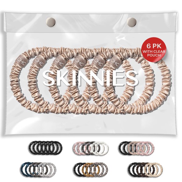 Ch. SKINNIES-6 Silk Scrunchies Set, 100% Pure Silk Hair Ties, Extra Soft Silk Scrunchies for Hair & Sleep, Premium 22 Momme Handmade Hair Scrunchies for Women's Hair | STYLE: 6 Nude Champagne Bliss