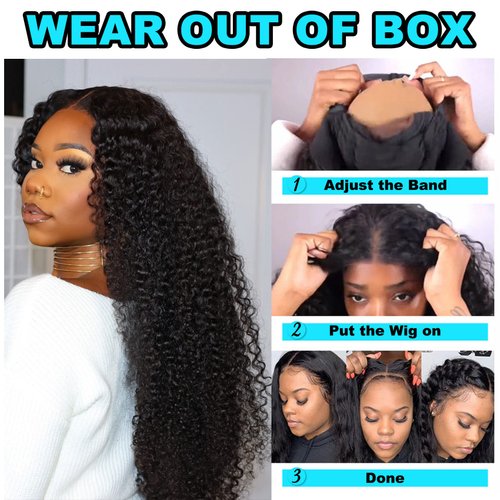 BLY Curly Glueless Wear and Go Pre Cut Lace Front Wigs Human Hair Pre Plucked Ready to Wear Wig for Women Afro Kinky Curly Black Color Hair Wig with Elastic Band 18 Inch