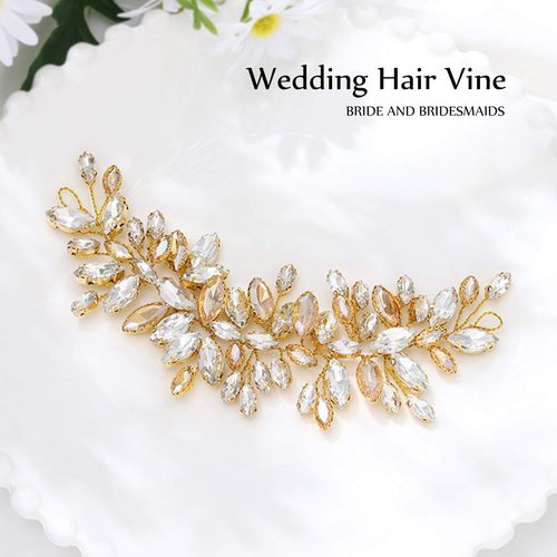 Jakawin Bride Crystal Wedding Hair Vine Gold Rhinestone Hair Piece Bridal Headpiece Hair Accessories for Women and Girls HV162