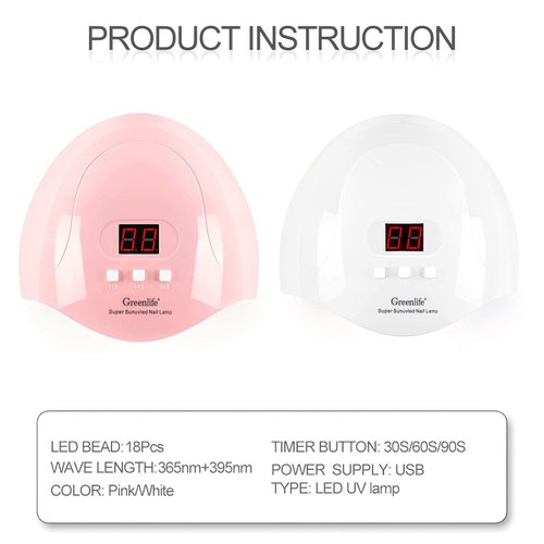 UV LED Nail Lamp, GreenLife 54W 18pcs UV LED Nail Light Portable Nail Lamp Professional Fast Curing nail Dryer for Acrylic nails Gel polish Travel Home School Office use Auto-Sensor -pink