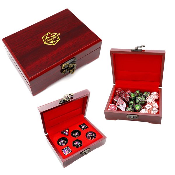 Haxtec Mystery Metal DND Dice Set with Wood Dice Case DND Gifts for Players Men Dual-Purpose Wooden Dice Box with Metal D&D Dice Set TTRPG Accessories