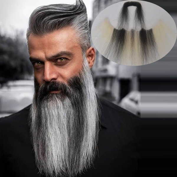 Voloria Fake Beard Human Hair Full Hand Tied Facial Hair False Beards Lace Invisible Face Mustache for Party Makeup Cosplay Costume Party 6-7INCH (Black and White Color)