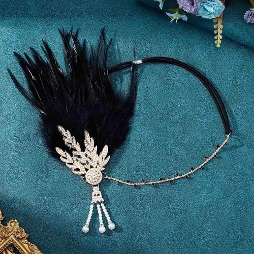 Foyte 1920's Flapper Headband Pearl Peacock Black Feather Head Bands Jewelry Leaf Rhinestone Headpiece Costume Accessories for Women and Girls (Black Feather)