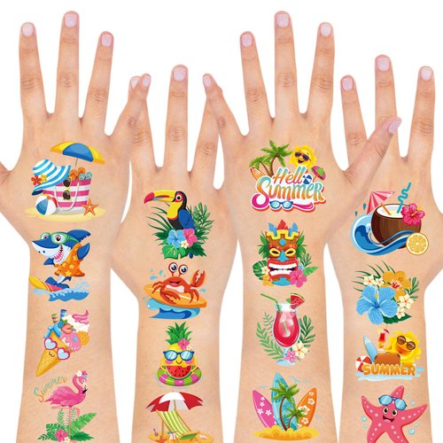 HOWAF Hawaiian Luau summer Temporary Tattoos, 96 Pieces Summer Pool Themed Fake Tattoos, Waterproof Hawaiian Tropical Tattoos Stickers Party Decoration for Adults Tropical Beach Themed Birthday Party Supplies Favors