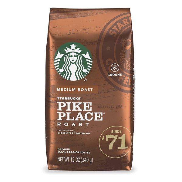 Starbucks Ground Coffee Bag, Pike Place Roast, Medium Roast Coffee, Ground 100% Arabica Coffee, Notes of Cocoa & Rich Praline, 12-Ounce Bag (Pack of 2)