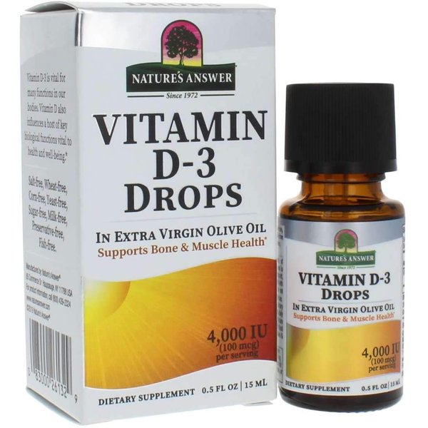 Nature's Answer Vitamin D-3 Drops | Blended with Extra Virgin Gold Olive Oil | Quickly Absorbed into Body | No Fillers, No Soy, Yeast Sugar, Milk or Preservatives 0.5oz