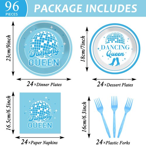 96Pcs Dancing Queen Party Supplies Dancing Queen Paper Plates Napkins Disposable Blue Disco Party Tableware Set 70s Disco 17th Birthday Dinnerware for Party Bachelorette Decoration Serve 24