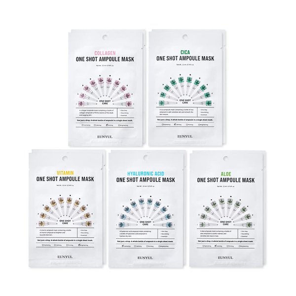 EUNYUL [PACK OF 10] One Shot Ampoule Sheet Mask Pack [5types x 2pcs] Vitamin, Collagen, Cica, Aloe, Hyaluronic Acid face mask beauty