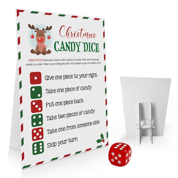 OXEDP Christmas Candy Dice Game, Christmas Games, Christmas Dice Game, One Instruction Standing Sign+Dice, Christmas Games for Family Party-CHDG02