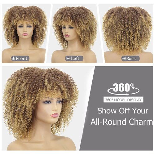 KEAT Short Afro Curly Wigs for Black Women, Brown Blonde Kinky Curly Fluffy Hair Wig with Bangs, Cute Fashion Natural Looking Heat Resistant Full Synthetic Wig for Daily Party K011BR