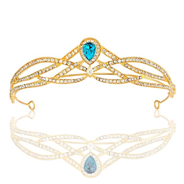 Fashion Beautiful Bridal Alloy Rhinestone Crown Bridesmaids Tiara Headband For Birthday Prom Party Halloween Costume (Gold With Blue Stone)