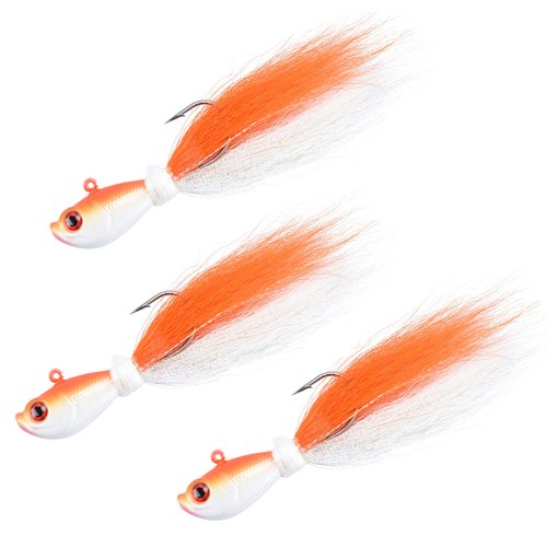 LAST CAST TACKLE 1-2oz Orange & White Bucktail Fishing Lure Jigs - 3 Pack (1.0 Ounce - 3 Pack)