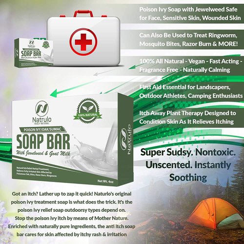 Poison Ivy Soap Bar with Jewelweed - Soothing, Healing Natural Itch Relief Herbal Treatment Home Remedy - Relieves Itchy Irritated Skin Affected by Poison Ivy/Oak/Sumac, Bites, Razor Burn, Ringworm