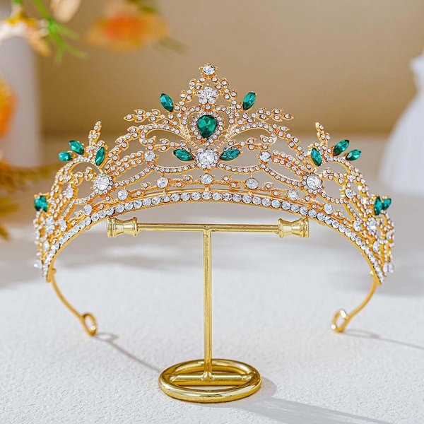 Foyte Baroque Queen Crown Wedding Rhinestone Tiara Gold Bride Crystal Hair Accessories Princess Gemstones Headband Crowns for Women and Girls (green rhinestone)