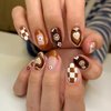 Short Almond Press on Nails Fall Brown Fake Nails French Tip False Nails with Hearts Flowers Brown Checkerboard Designs Cute Full Cover Round Head Acrylic Nails Glossy Autumn Glue on Nails for Women