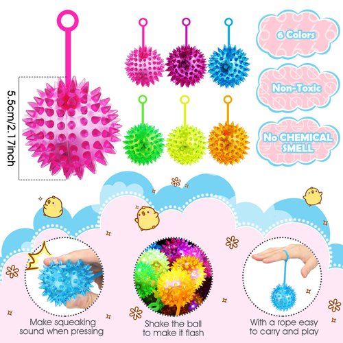 Sotiff 27 Pcs Light up Ball Spiky LED Bouncy Ball Flashing Squeaky Ball Multicolor Puffer Balls Stress Relief Balls Rubber Sensory Toy Carnival Prizes Bulk Party Favors for Teens, Adults, Children
