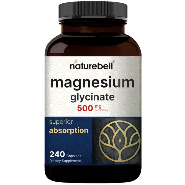 NatureBell Magnesium Glycinate Capsules 500mg | 240 Count, 100% Chelated & Purified, 3rd Party Tested, Non-GMO & Gluten Free