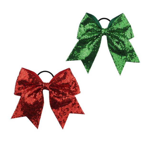 Girls Cheer Bow Ponytail Holder Big Hair Bow Tie with Glitter Sequins Bowknot JB80 (Green Red)