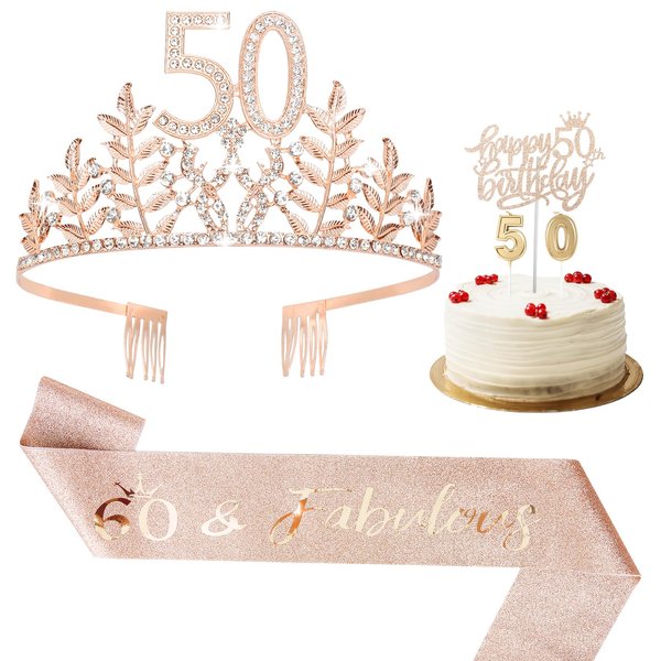 CURASA 50th Birthday Crown and Sash for Women 50 and Fabulous Birthday Sash Rose Gold Birthday Crown Cake Topper Decoration Birthday Tiara for Women 50th Birthday Party Favors Gifts