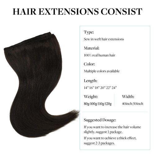 DOORES Sew in Hair Extensions Real Human Hair, 24 Inch 120g Dark Brown Weft Hair Extensions Human Hair Long Straight Human Hair Extensions Weft Hair for Full Head