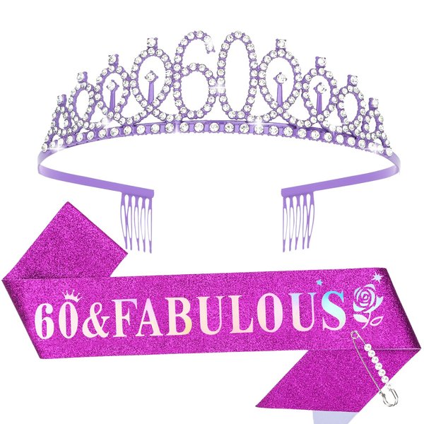 Purple 60th Birthday Sash and Tiara for Women, 60th Birthday Decorations Women, 60th Birthday Crown and Sash Set, 60th Birthday Party Favors, 60th Birthday Gifts for Women