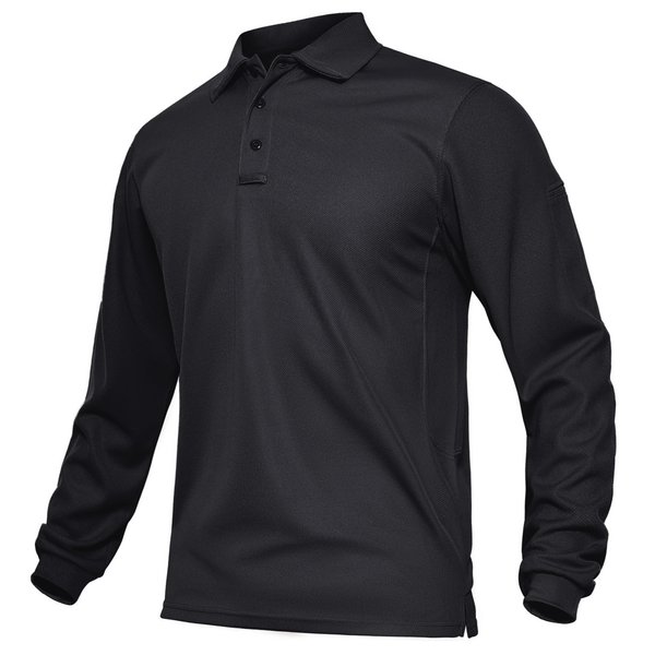 TACVASEN Men's Polo Shirt Quick Dry Performance Long Sleeve Tactical Shirts Pique Jersey Golf Shirt Casual Black 2XL