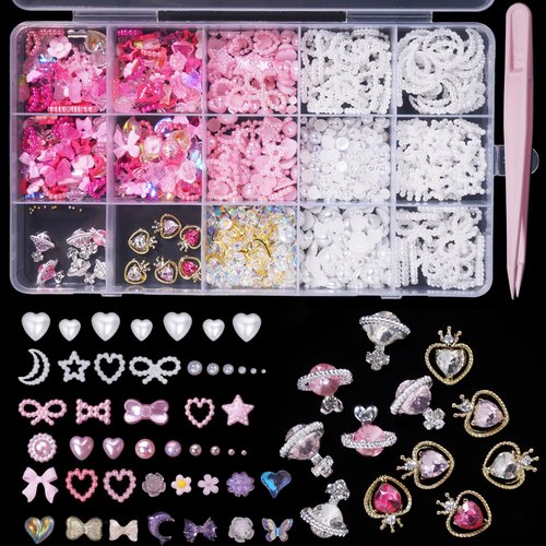 3D Mix Assorted Pink Color Nail Charms Acrylic Nail Charms, Planet Star Heart Silver Gold Nail Gems Rhinestones Hollow Heart Star Moon Bows Pearls Nail Charms for Nail Art DIY Accessories