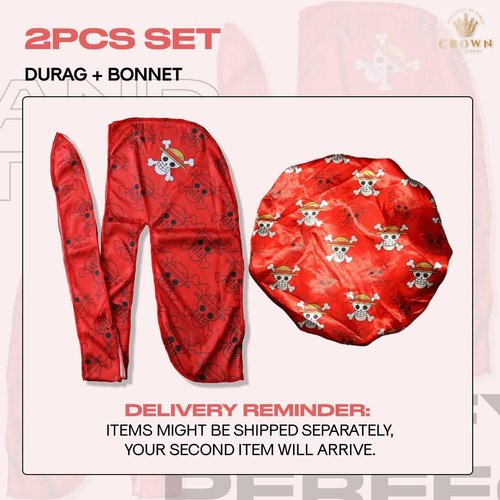 Anime Durag and Silk Bonnet 2pcs Set for Men Women, Silky Design Satin Fabric Comfort Compression, Red Skull