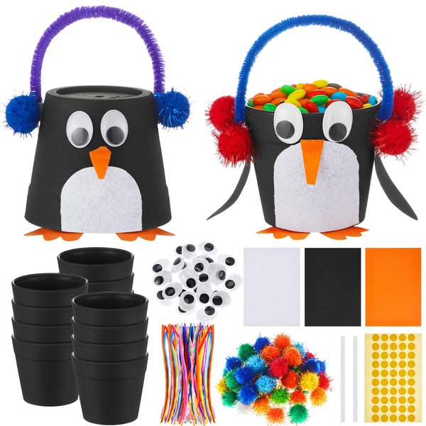 Jingmore 256 Pcs Penguin Flower Pot Craft Kit DIY Garden Pot Craft Kit with 12 Planters Pipe Cleaners Googly Eyes Glitter Hairballs Hot Glue Sticks and More for Creative DIY Art Project and Storage