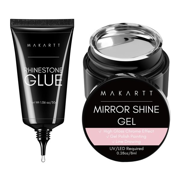 Makartt Nail Rhinestone Glue with Chrome Gel Nail Polish Kit, Super Strong Gel Nail Glue with Silver Metallic Painting Gel Set for 3D Nails Art Decoration Manicure(30ML+8ML)