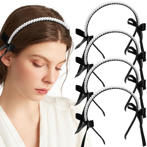 Aswewamt 4 Pcs Black Pearl Bowknot Headbands Vintage Knotted Hair Hoop French Fancy Bow Cosplay Lace Headband Costume Accessories for Women Girls