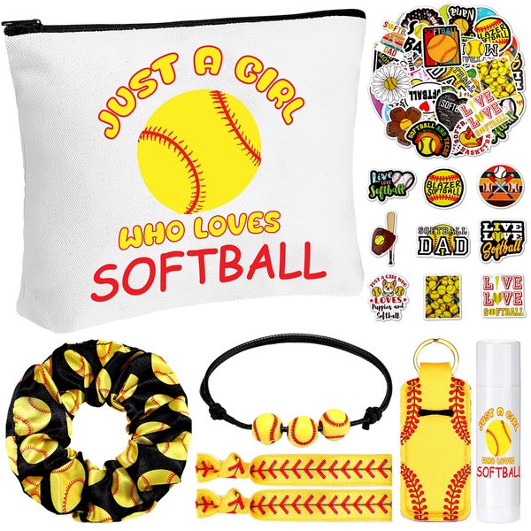 Seenelling 56 Pcs Simple Basketball Stuff Inspirational Gifts for Women Goodie Bag Stuffers Makeup Bag Hair Ties Hair Scrunchies Bracelets Stickers Sport Party Accessories