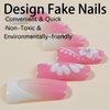 White French Tips Press on Nails Duck Shaped 24Pcs Glossy Full Cover Acrylic Short Rhinestone False Nails with Floral Designs Artificial Fake Nails with Charm Glue Stick on Fingernails for Women