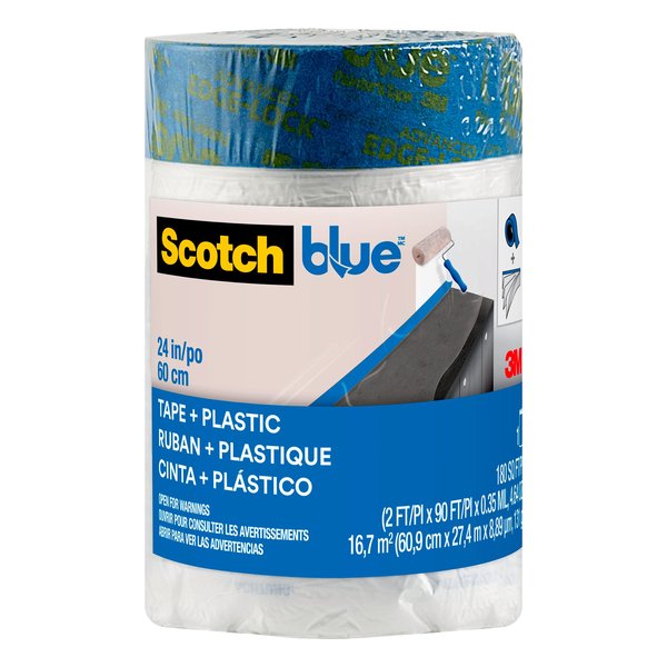 ScotchBlue Pre Plastic Painters Tape, 24 in x 30yd, Tape & Masking Film Combined in One Product, Static Cling to Stay in One Place, No Residue Masking Tape, Film Unfolds to 24" Wide (PT2093EL-24)