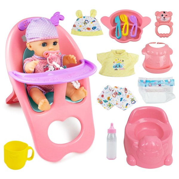 RedCrab Baby Doll Toys Set, Newborn Dolls PlaySet with High Chair Stroller Feeding ,Tableware Set and Doll Clothes Accessories, 15+ pcs Toddler Pretend Play Gift Toys for Girls - 12" Dolls