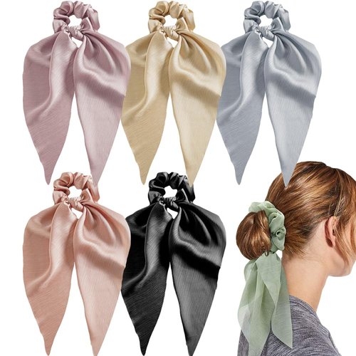 Black Beige Hair Scarf with Ribbon Bow Scrunchies for Women Girls, Bow Scrunchies for Hair, Ribbon Hair Ties with Bow, Chiffon Hair Ribbon Long Hair Bands Ties Ponytail Holder (Soft Ribbed - 5Pcs)