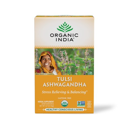 ORGANIC INDIA Calming Tulsi Ashwagandha Tea - Organic Tea Bags, Holy Basil Tea, Vegan, USDA Certified Organic, Non-GMO, Caffeine Free Tea - 18 Infusion Bags, 1 Pack