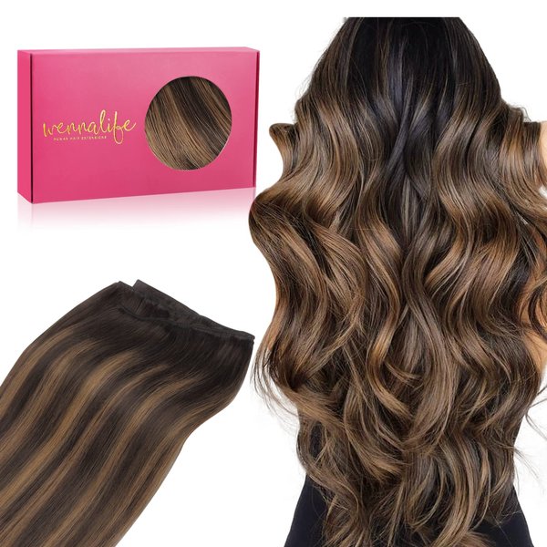 WENNALIFE Sew in Hair Extensions Real Human Hair, Weft Hair Extensions Human Hair 18 Inch 90g Balayage Dark Brown to Chestnut Brown Hand Tied Weft Hair Extensions Sew In