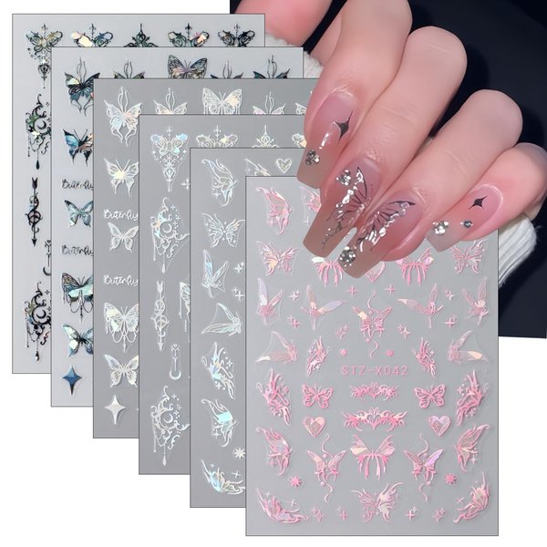 6Sheet Shiny Butterfly Nail Art Sticker,3D Holographic Black Pink Butterfly Nail Stickers Embossed Pendant Butterfly Design Nail Decals Stars Heart Nail Sticker for Women DIY Nail Art Decoration