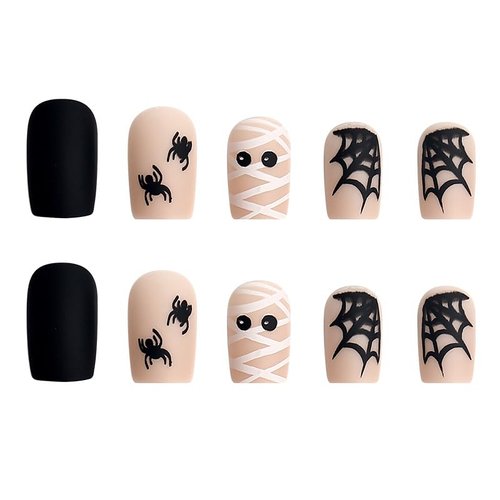 24Pcs Press on Nails Halloween Medium Almond Short Fake Nails with Designs Glossy Artificial French Nail Press ons Reusable Natural Stick on Nails for Fingernails