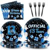 100 Pcs 13th Birthday Decorations for Boys Official Teen 13th Supplies Plates Napkins Forks Set Disposable Blue 13th Birthday Tableware Paper Plates Dinnerware for Kids Teenager Favors Serve 25