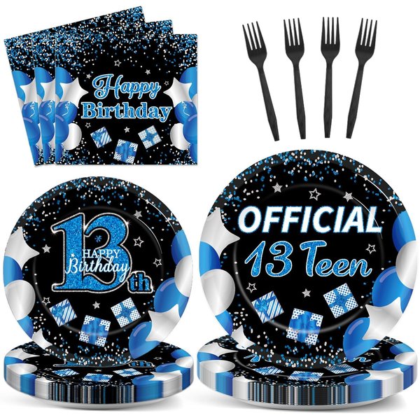 100 Pcs 13th Birthday Decorations for Boys Official Teen 13th Supplies Plates Napkins Forks Set Disposable Blue 13th Birthday Tableware Paper Plates Dinnerware for Kids Teenager Favors Serve 25