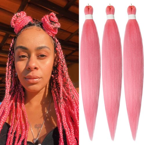 Pink Pre stretched Braiding Hair, 26 Inches Kanekalon Box Braids Hair Extensions, 3 Packs Yaki Texture Braiding Hair Pre stretched