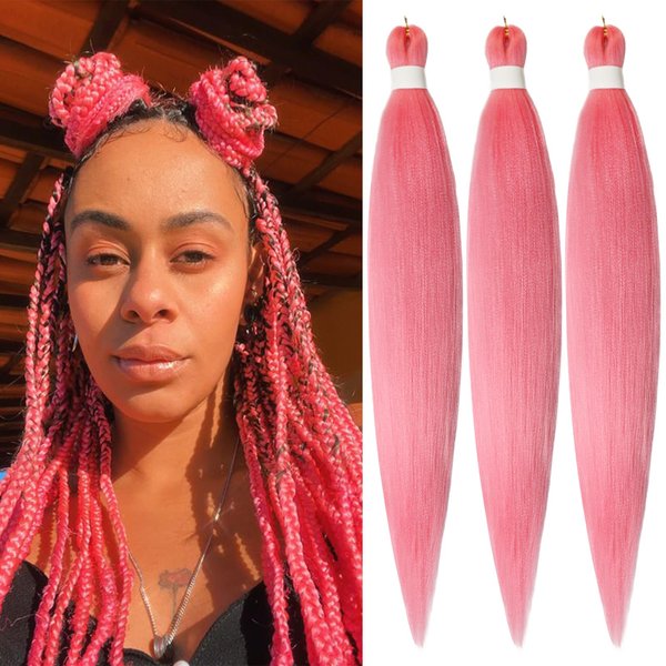 Pink Pre stretched Braiding Hair, 26 Inches Kanekalon Box Braids Hair Extensions, 3 Packs Yaki Texture Braiding Hair Pre stretched