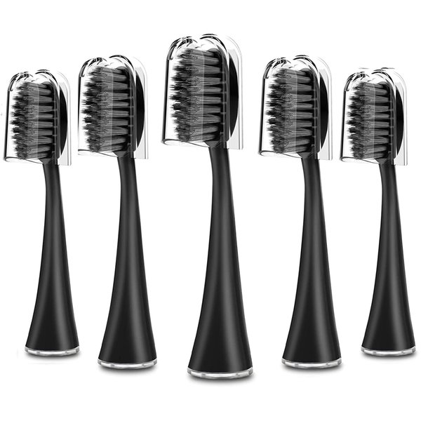 Replacement Toothbrush Heads for Burst Sonic Toothbrush with Dust Cover Caps, Soft Charcoal Bristles for Deep Clean, Black, Pack of 5