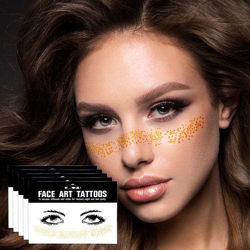 AOZUO 5Sheets Glitter Freckles Face Tattoo, Face Metallic Temporary Tattoo Stickers Eye Gold Freckles Glitter Tattoo Waterproof Makeup Accessories for Women Girls Halloween Rave Dancer Costume Parties