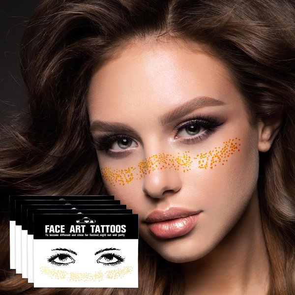 AOZUO 5Sheets Glitter Freckles Face Tattoo, Face Metallic Temporary Tattoo Stickers Eye Gold Freckles Glitter Tattoo Waterproof Makeup Accessories for Women Girls Halloween Rave Dancer Costume Parties