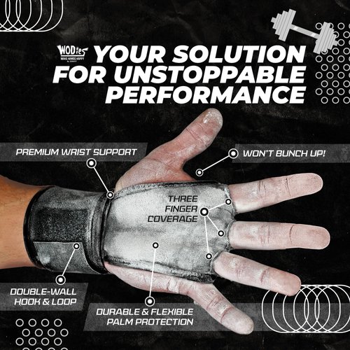 JerkFit WODies Black 3 Hole Gymnastics Grips with Wrist Support (Small) - Latex Free Elastic Pull Up Grip for Cross Training, WODs, Weightlifting - Workout Grips for Men and Women for Palm Protection